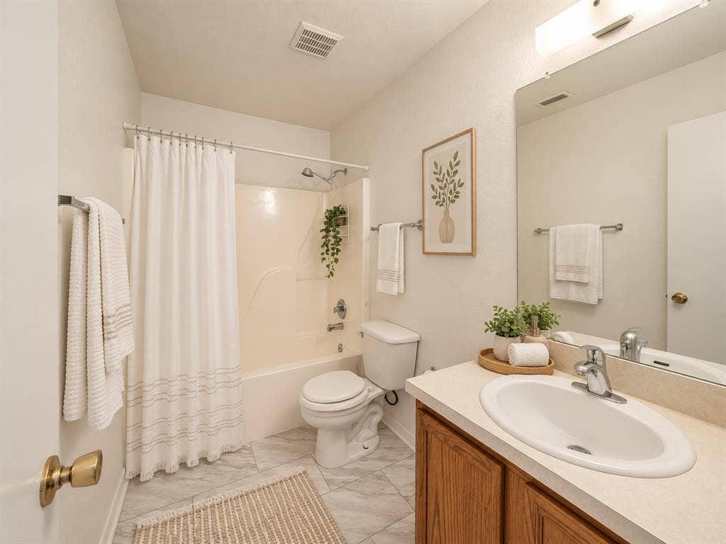 6833 Bluff View Drive, Watauga, TX 76137 Full bathroom featuring wood-finish vanity cabinetry, integrated sink basin, solid-surface countertop, full-width vanity mirror, and a tub-shower combination with a surround