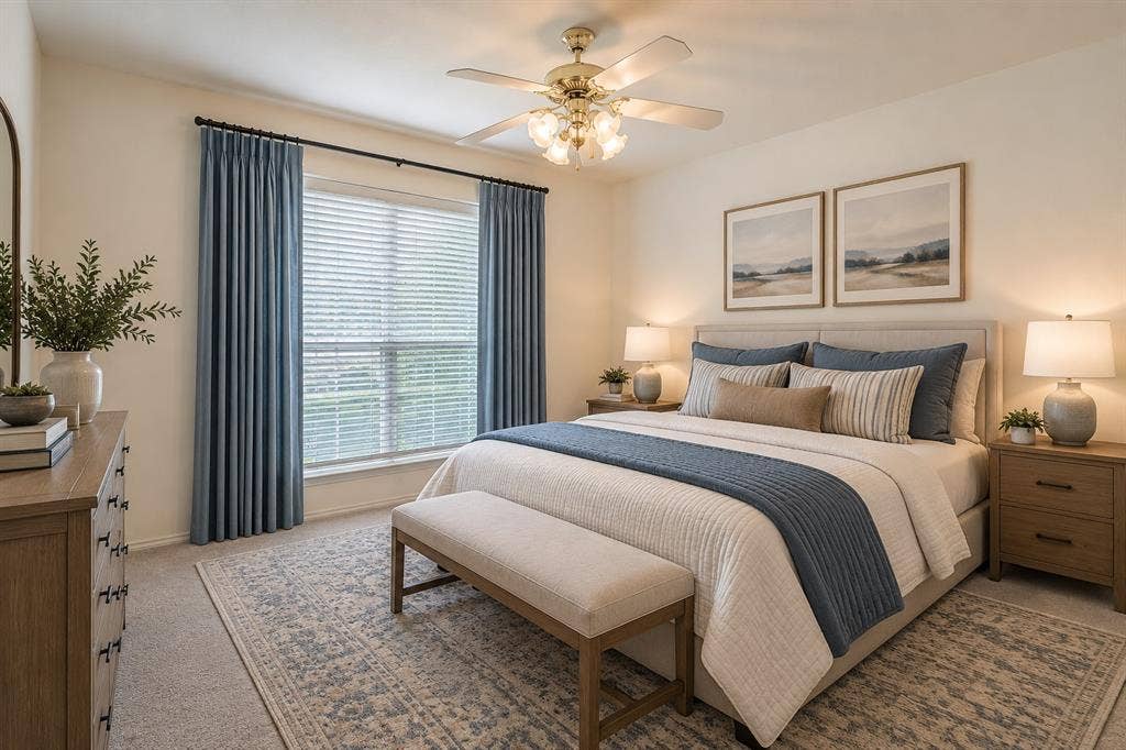 6833 Bluff View Drive, Watauga, TX 76137 Neutral interior space featuring carpeted flooring, a multi-light ceiling fan, and a window with horizontal blinds and drapery hardware