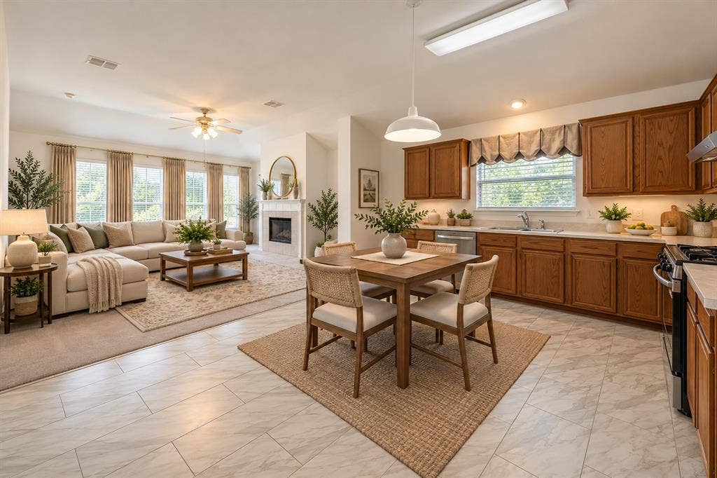 6833 Bluff View Drive, Watauga, TX 76137 Open-concept interior featuring wood-finish cabinetry, stone-patterned tile flooring, a fireplace with a mantel, and large picture windows