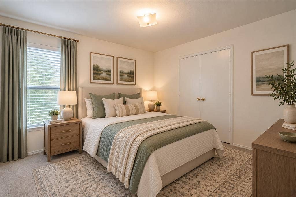 6833 Bluff View Drive, Watauga, TX 76137 Neutral-toned bedroom featuring carpeting, ceiling-mounted light fixture, and double-door reach-in closet