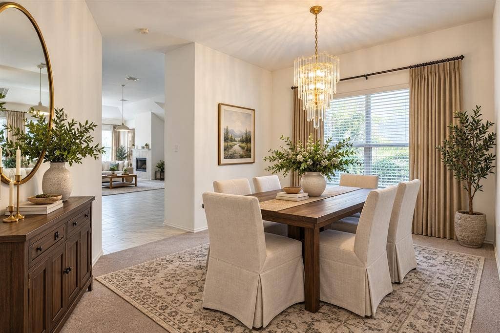 6833 Bluff View Drive, Watauga, TX 76137 Dining area featuring a tiered crystal chandelier, neutral wall-to-wall carpeting, and a large window with floor-to-ceiling drapery