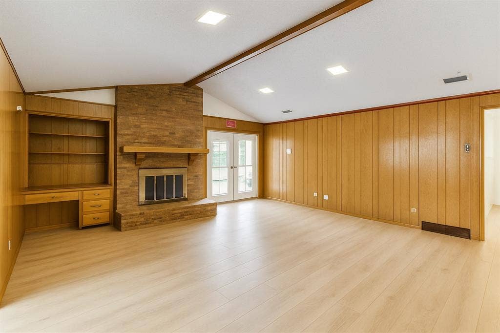 2007 Mistletoe Drive, Richardson, TX 75081 Unfurnished living room featuring light wood finished floors, wood walls, and a fireplace