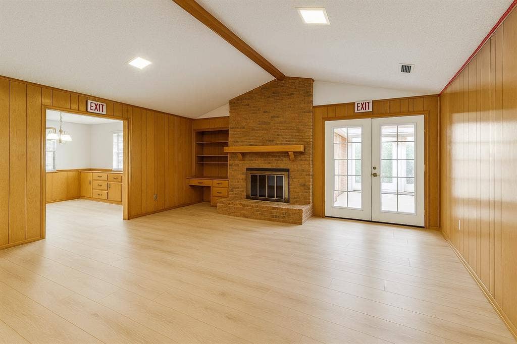 2007 Mistletoe Drive, Richardson, TX 75081 Unfurnished living room featuring wood walls, light wood-type flooring, a fireplace, and french doors
