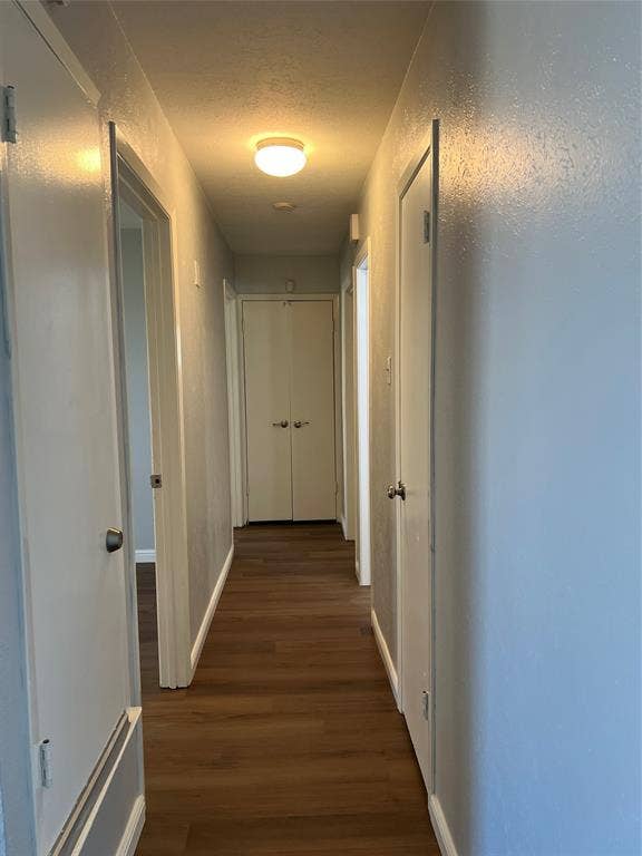 102 Silver Creek Drive, Duncanville, TX 75137 Hallway featuring wood-finish flooring, neutral wall paint, and multiple interior doors with metal hardware