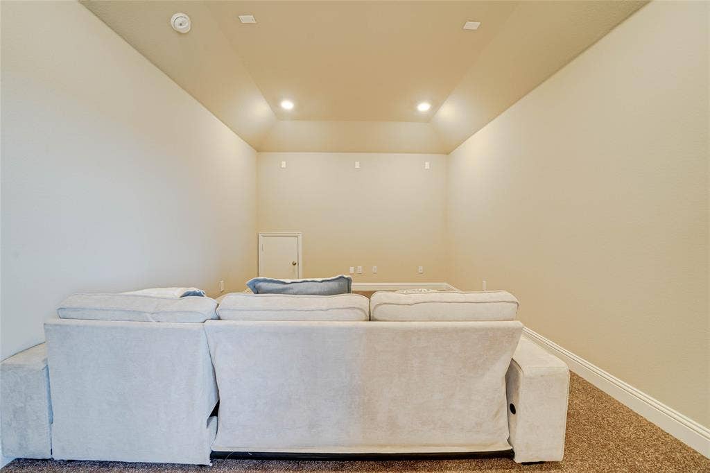 Carpeted cinema featuring recessed lighting and a tray ceiling