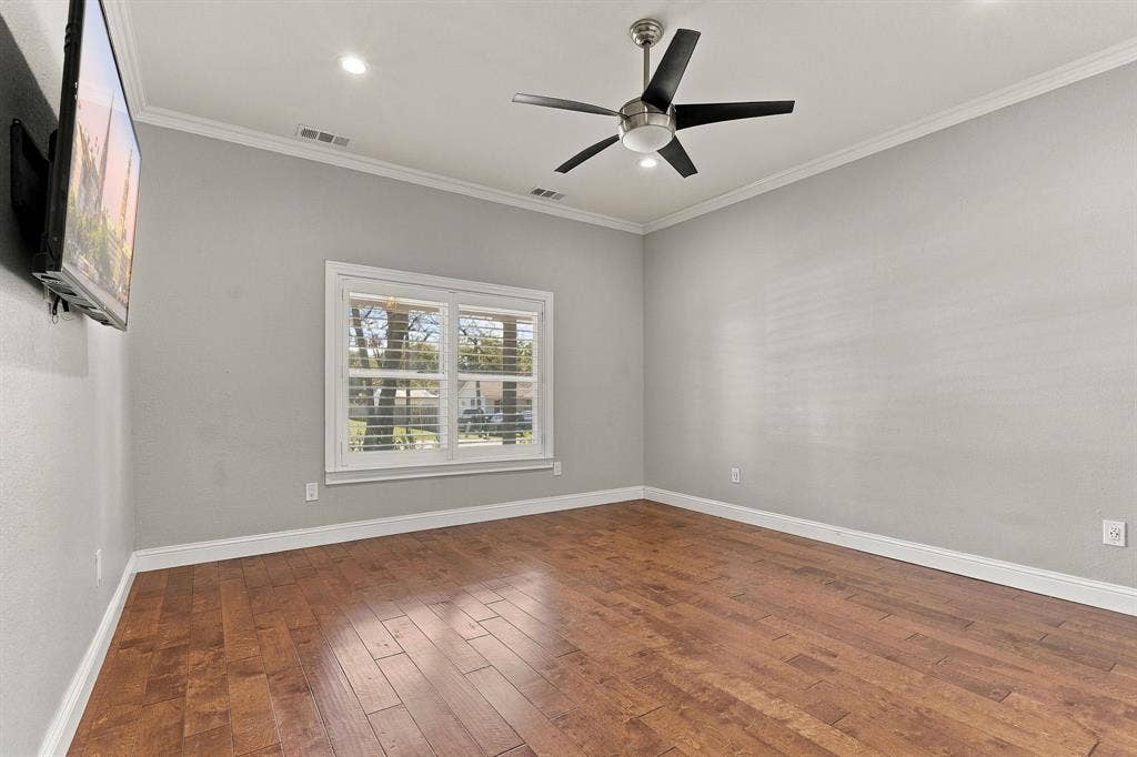 510 E Malone Street, Celina, TX 75009 Room featuring wood-finish flooring, crown molding, recessed lighting, a modern ceiling fan, and window plantation shutters