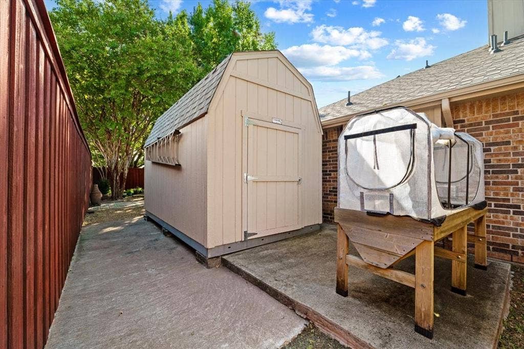 1508 Heidi Drive, Plano, TX 75025 Above ground bench for plants in winter with zipper cover - shed has a loft inside