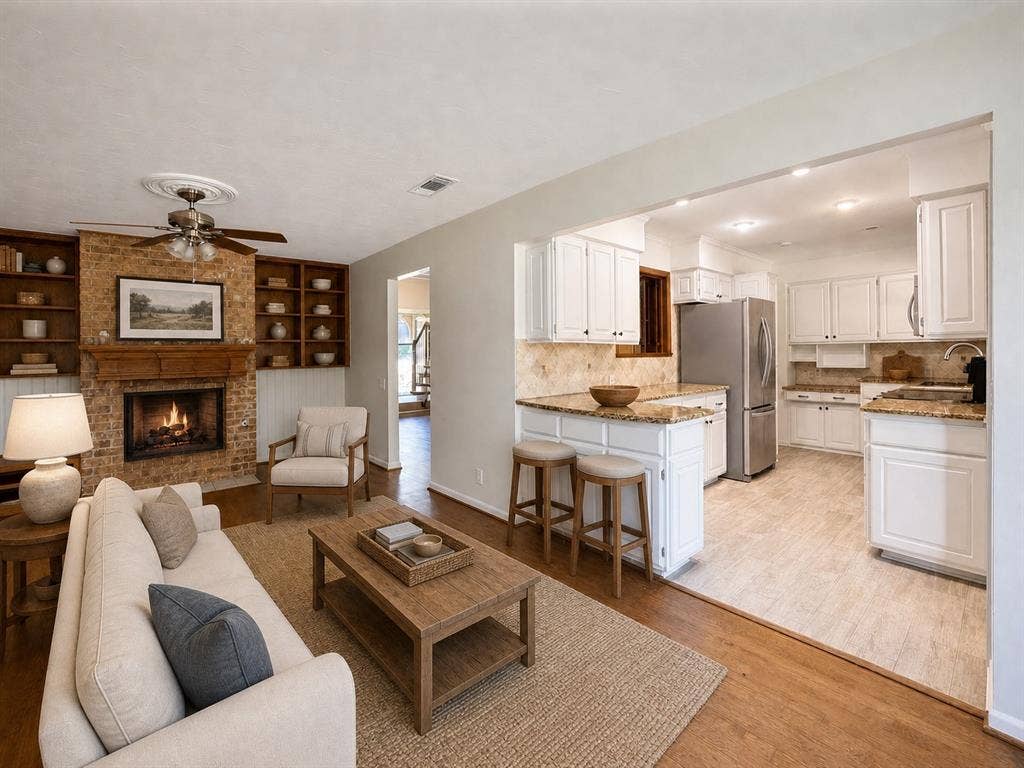 3210 Cortez Court W, Irving, TX 75062 Living area featuring a floor-to-ceiling brick fireplace with wood mantel, built-in shelving, wood-finish flooring, white cabinetry, and stone countertops