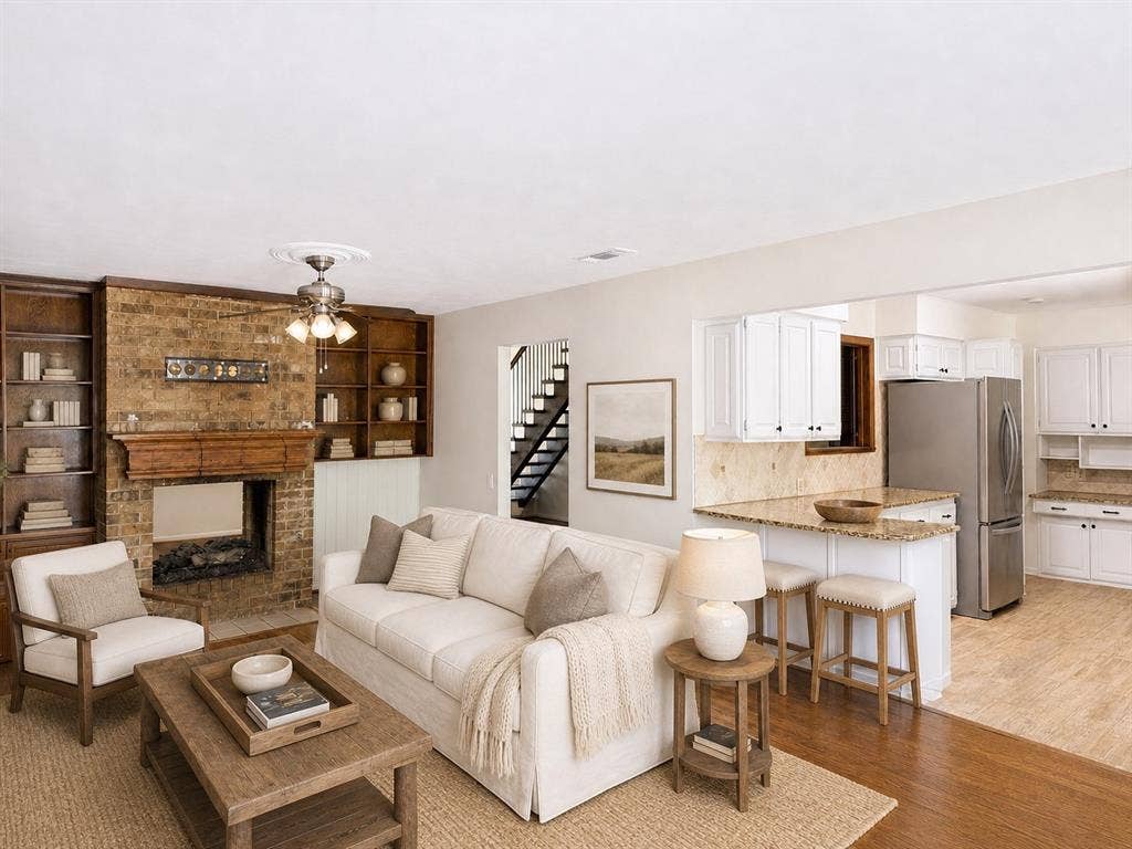 3210 Cortez Court W, Irving, TX 75062 Living area featuring a floor-to-ceiling brick fireplace with wood mantel, built-in wooden shelving, and wood-finish flooring, complemented by an open kitchen with white cabinetry and stone countertops