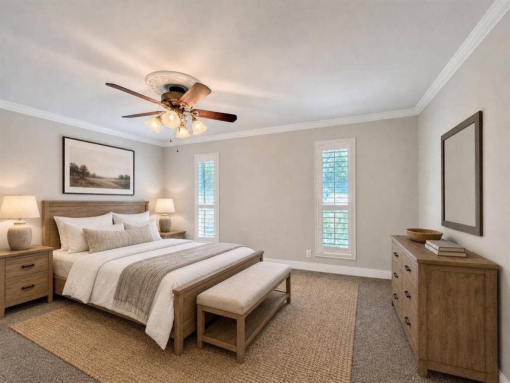 3210 Cortez Court W, Irving, TX 75062 Room featuring crown molding, neutral wall finishes, plantation shutters, and a central ceiling fan with integrated lighting and decorative ceiling medallion