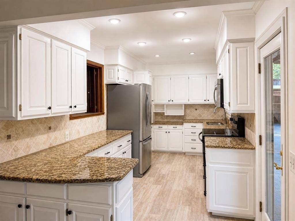 3210 Cortez Court W, Irving, TX 75062 Kitchen featuring white shaker-style cabinetry, stone-finish countertops, tile backsplash, wood-finish flooring, and recessed lighting