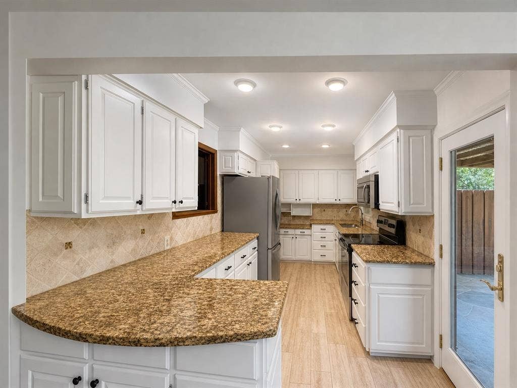 3210 Cortez Court W, Irving, TX 75062 Kitchen featuring white cabinetry, stone-finish countertops, tile backsplash, recessed lighting, and wood-finish flooring