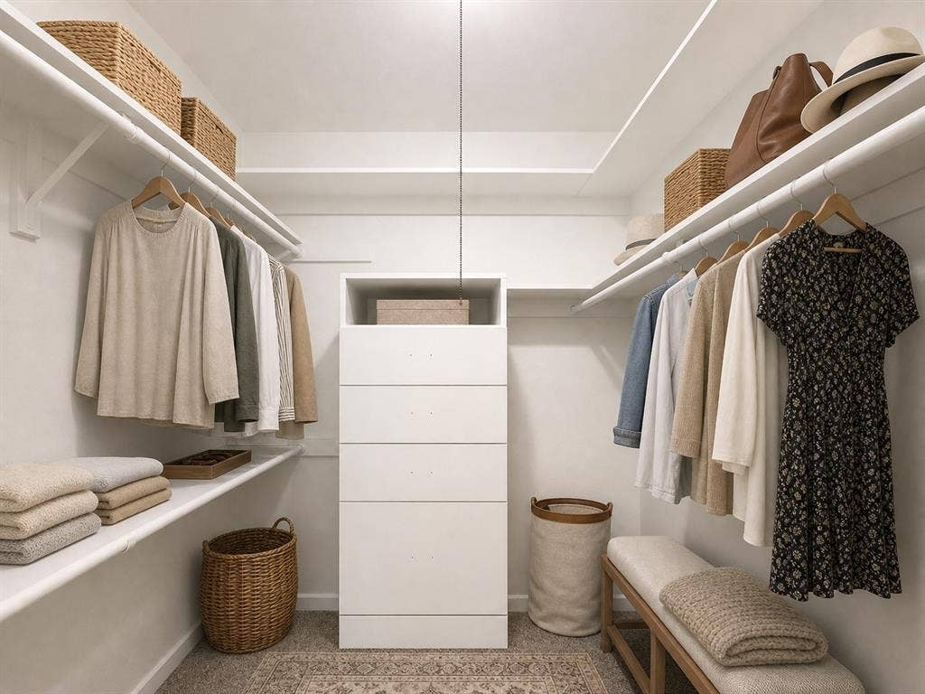 3210 Cortez Court W, Irving, TX 75062 Walk-in closet featuring multi-level open shelving, integrated five-drawer cabinetry, and extended hanging rods