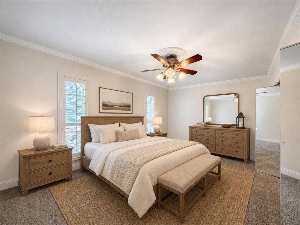 3210 Cortez Court W, Irving, TX 75062 Neutral interior featuring crown molding, wall-to-wall carpeting, windows with interior shutters, and a ceiling fan with integrated lighting
