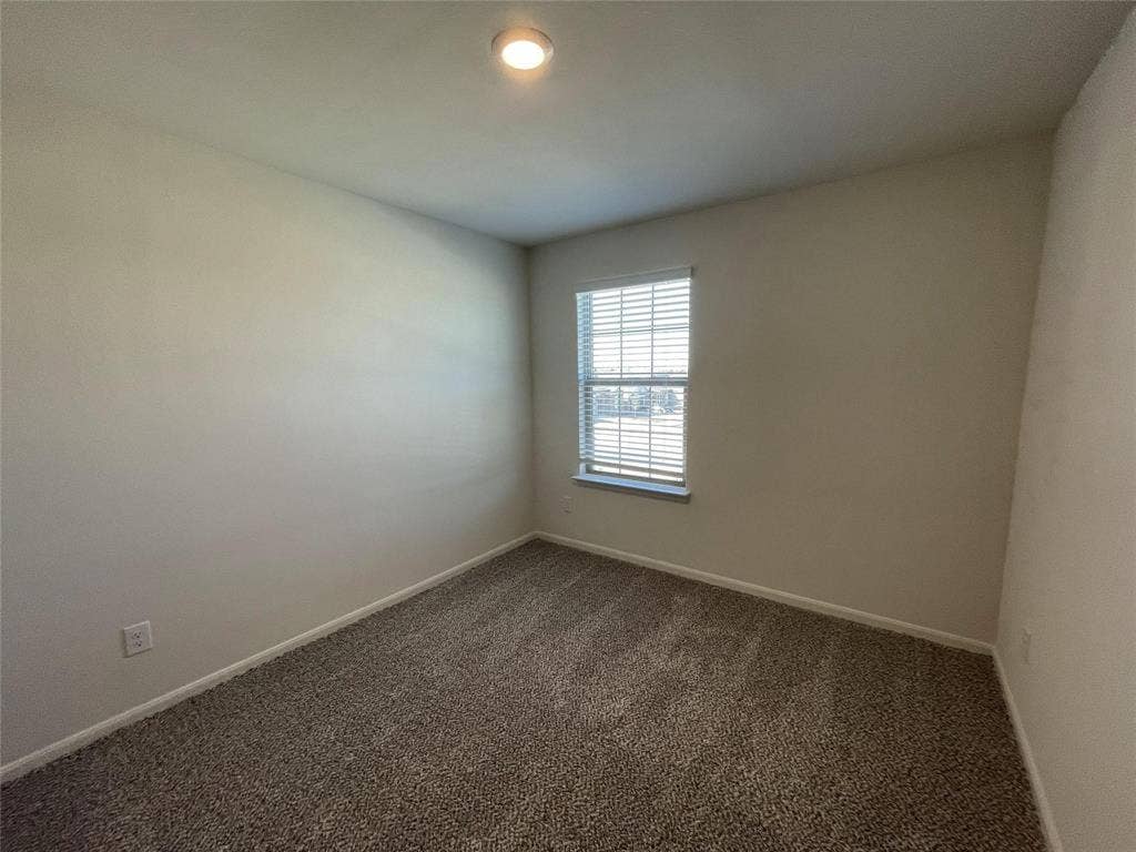 Neutral wall paint, textured carpeting, and a single-hung window with built-in blinds, complemented by a flush-mount ceiling light fixture