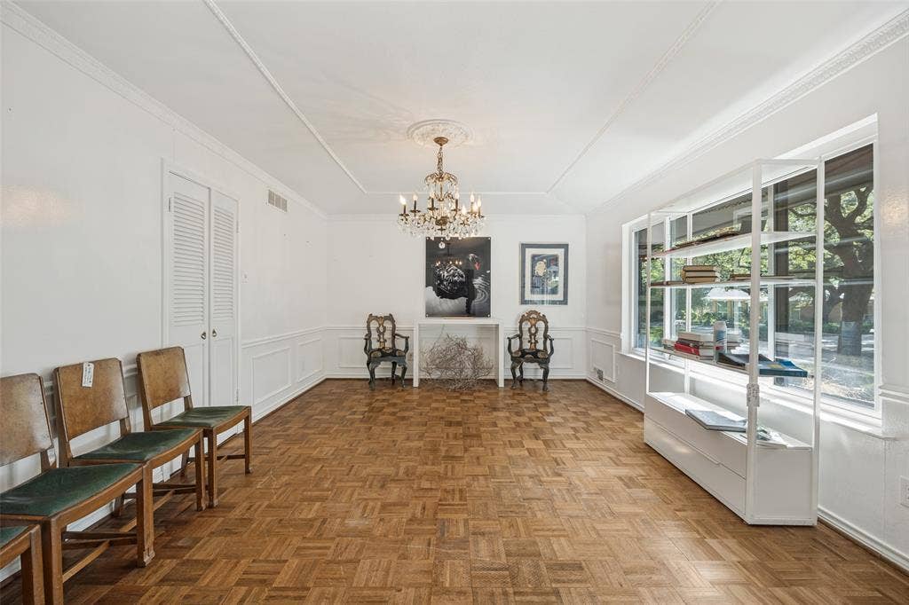 7257 Stefani Drive, Dallas, TX 75225 Dining Room with inlaid wood floor.
