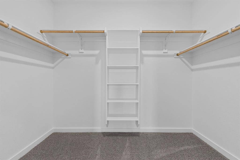 6001 Kaitlynn Drive, Princeton, TX 75071 Walk-in closet featuring white wall-mounted shelving, integrated wooden clothing rods, and wall-to-wall carpeting