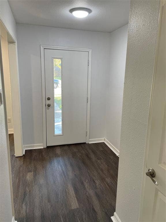 1423 Northridge Drive, Carrollton, TX 75006 Entryway featuring wood-finish flooring, a white front door with a vertical glass insert, and a flush-mount overhead light fixture
