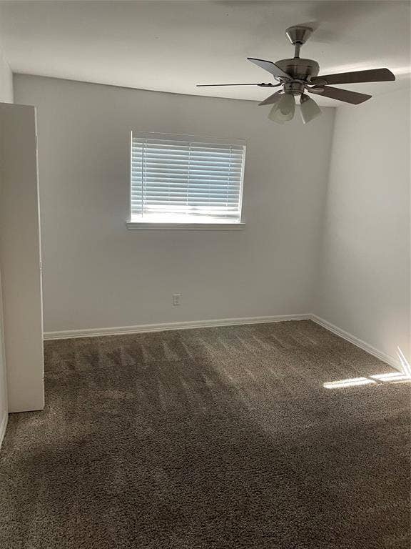 1423 Northridge Drive, Carrollton, TX 75006 Neutral-toned carpeting, ceiling fan with integrated lighting, window with horizontal blinds, and built-in closet cabinetry