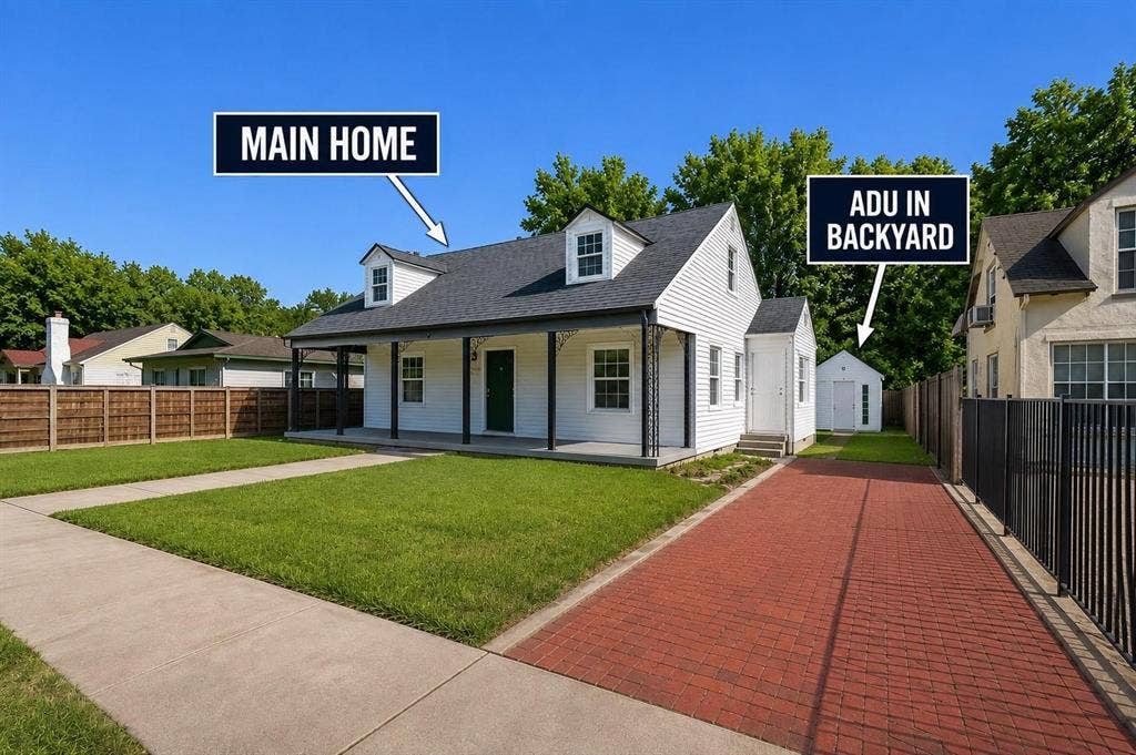1227 Wilbur Street, Dallas, TX 75224 Cape Cod architecture featuring a covered front porch, white lap siding, dual dormer windows, and a separate detached unit