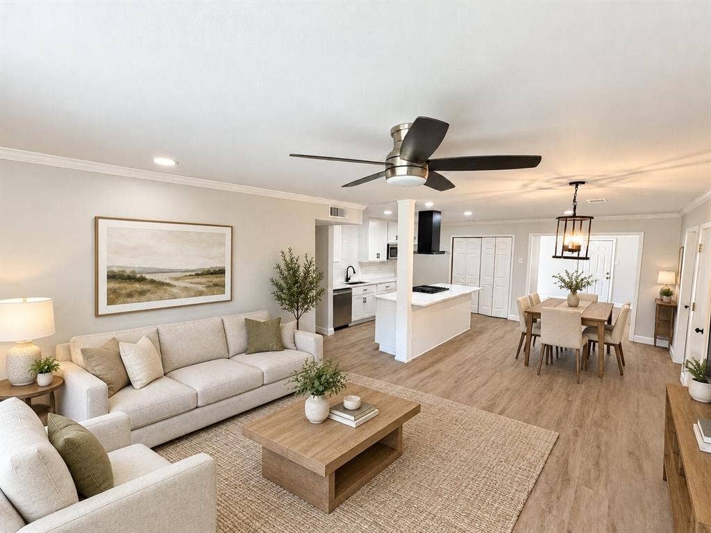 1307 Crestridge Drive, Plano, TX 75075 Open-concept interior featuring wood-finish flooring, a kitchen island with stone-finish countertops, matte black plumbing fixtures, a modern ceiling fan, and recessed lighting