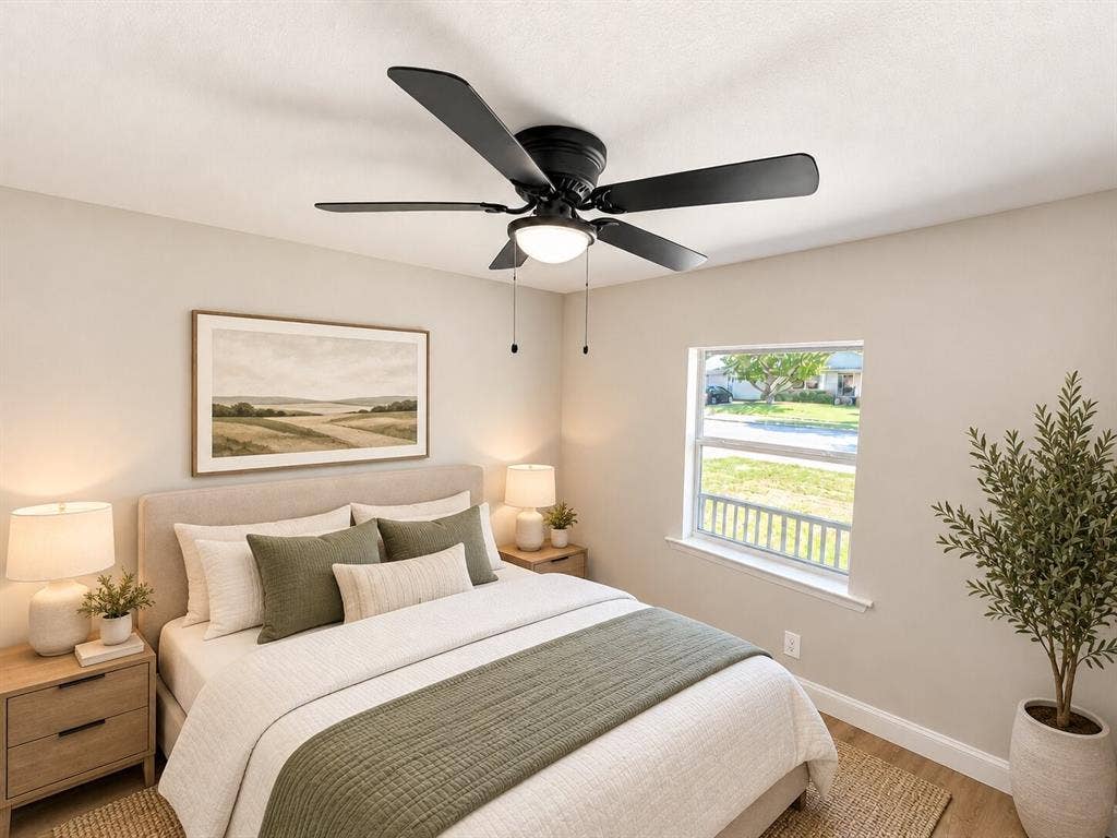 1307 Crestridge Drive, Plano, TX 75075 Five-blade matte black ceiling fan with central integrated lighting fixture and dual pull-chain operation