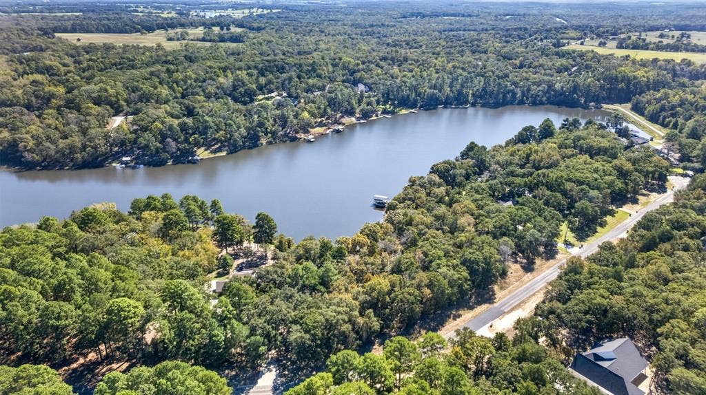 0 Safari Shores Drive, Larue, TX 75770 Aerial perspective featuring expansive waterfront footage, private dock, dense surrounding forest, and direct paved road access