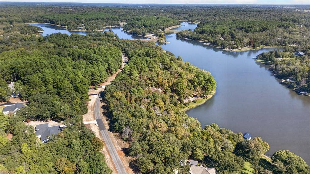 0 Safari Shores Drive, Larue, TX 75770 Aerial perspective featuring extensive lake frontage, mature tree canopy, and paved roadway
