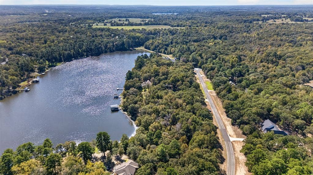 0 Safari Shores Drive, Larue, TX 75770 Aerial perspective featuring expansive wooded acreage, direct lake frontage, and private boat docks