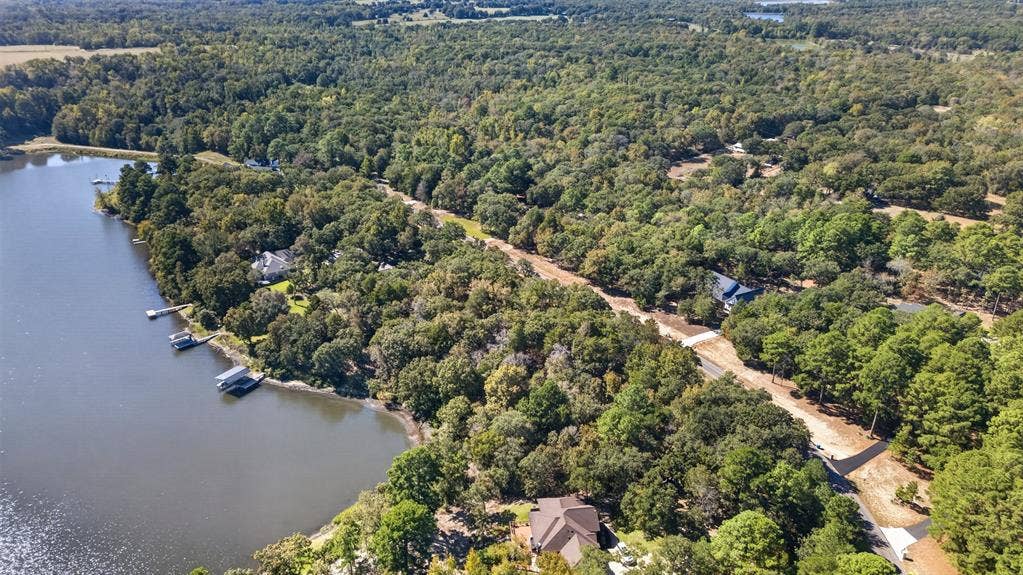 0 Safari Shores Drive, Larue, TX 75770 Aerial perspective featuring mature tree canopy, shoreline frontage, and private boat docks