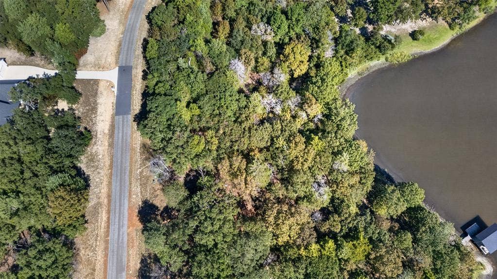 0 Safari Shores Drive, Larue, TX 75770 Aerial perspective featuring a wooded lot with direct water frontage and a paved roadway