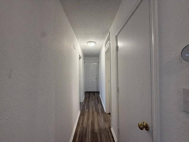 Interior hallway featuring wood-finish flooring, textured ceiling, flush-mount lighting, and multiple interior panel doors