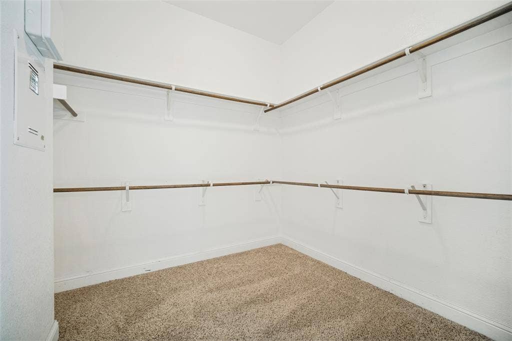 Walk-in closet featuring dual-tier shelving, neutral wall-to-wall carpeting, and integrated clothing rods