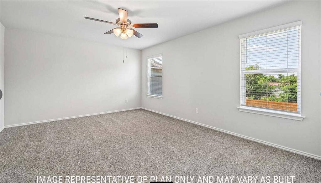 11813 Ceres Street, Lorena, TX 76655 Neutral-toned carpeting, multi-pane windows with horizontal blinds, and a ceiling-mounted light fixture with a fan