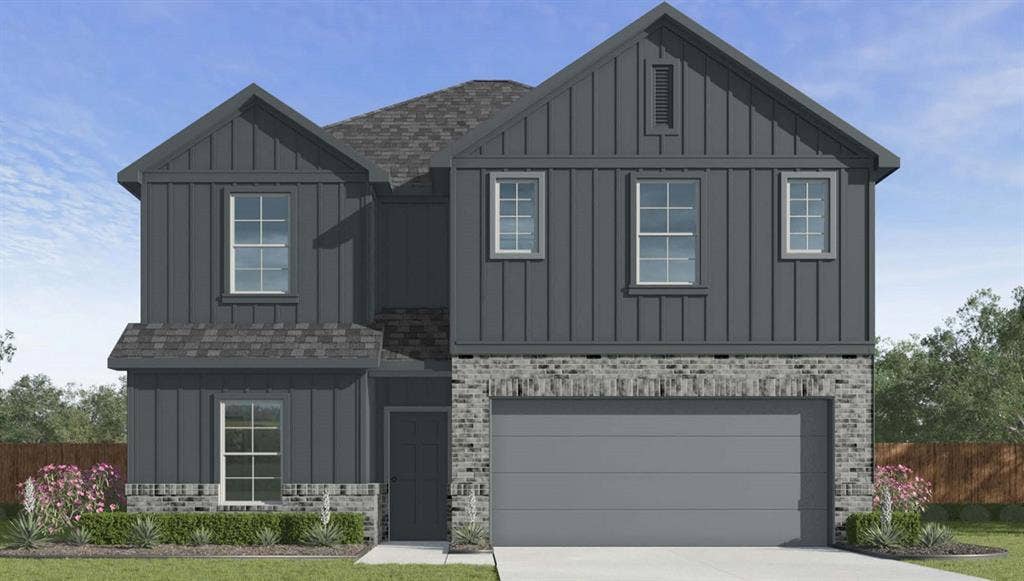 11813 Ceres Street, Lorena, TX 76655 Two-story exterior featuring vertical board-and-batten siding, masonry accents, an attached two-car garage, and a peaked roofline
