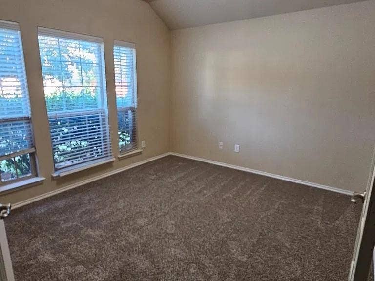 1000 Buffalo Creek Drive, McKinney, TX 75072 Interior space featuring a vaulted ceiling, neutral wall tones, wall-to-wall carpeting, and a trio of windows with horizontal blinds