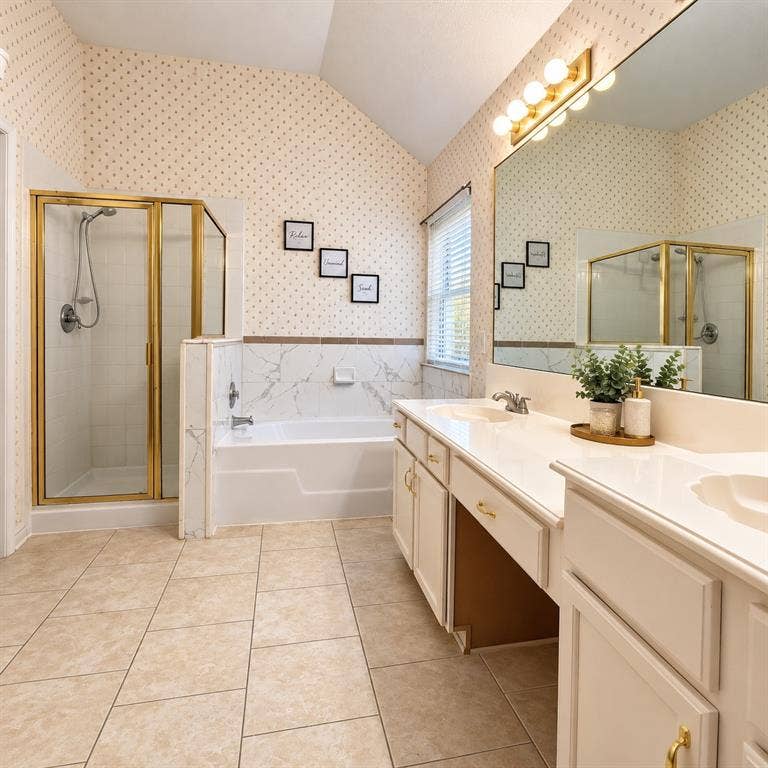 1931 Cutler Drive, Mesquite, TX 75149 Bathroom featuring a dual-sink vanity with a solid-surface countertop, a separate shower enclosure with gold-tone hardware, a deep soaking tub with decorative tile surround, and a wall-to-wall vanity mirror