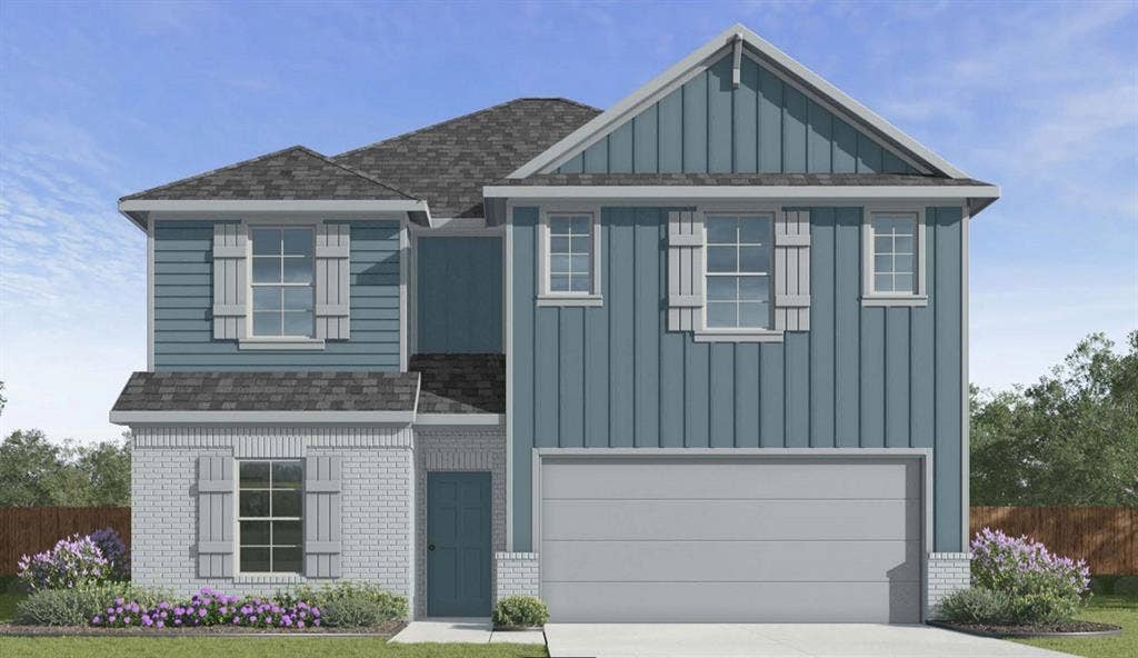11709 Ceres Street, Lorena, TX 76655 Two-story exterior featuring a brick facade, vertical and horizontal siding, decorative shutters, and a dual-car garage