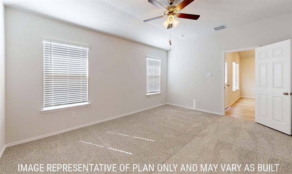 3213 Cyprian Road, Lorena, TX 76655 Room featuring high ceilings, neutral wall tones, carpeted flooring, two windows with horizontal blinds, and a ceiling fan