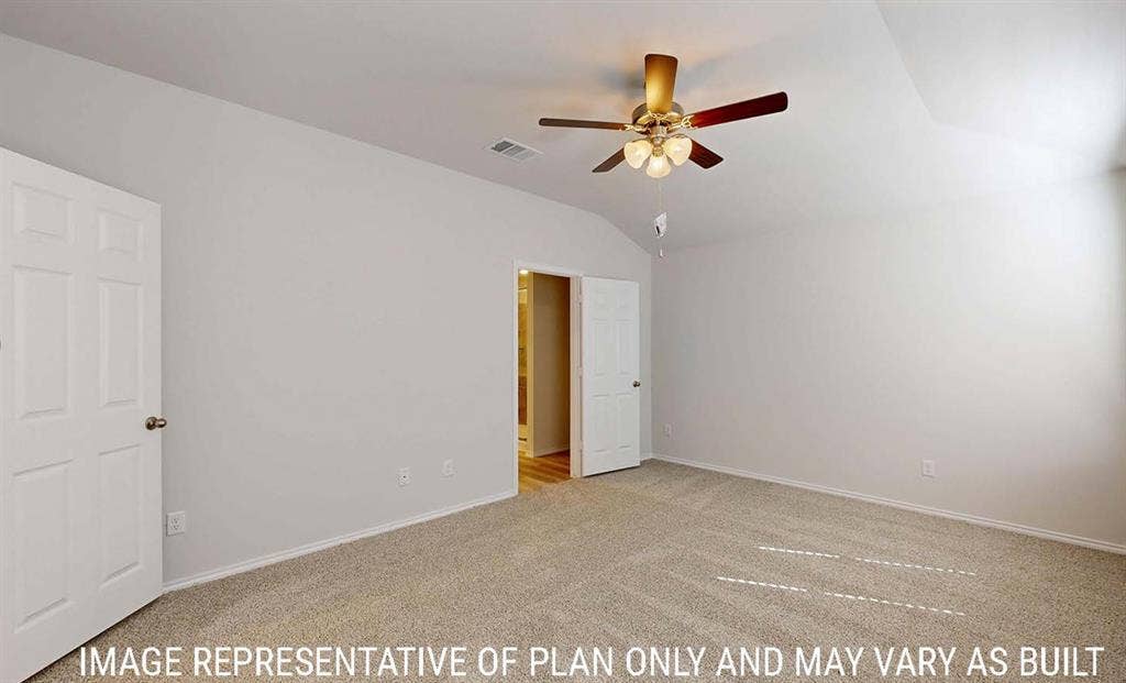 3213 Cyprian Road, Lorena, TX 76655 Vaulted ceilings featuring a central multi-light ceiling fan with dark-finish blades, neutral carpeting, and interior six-panel doors