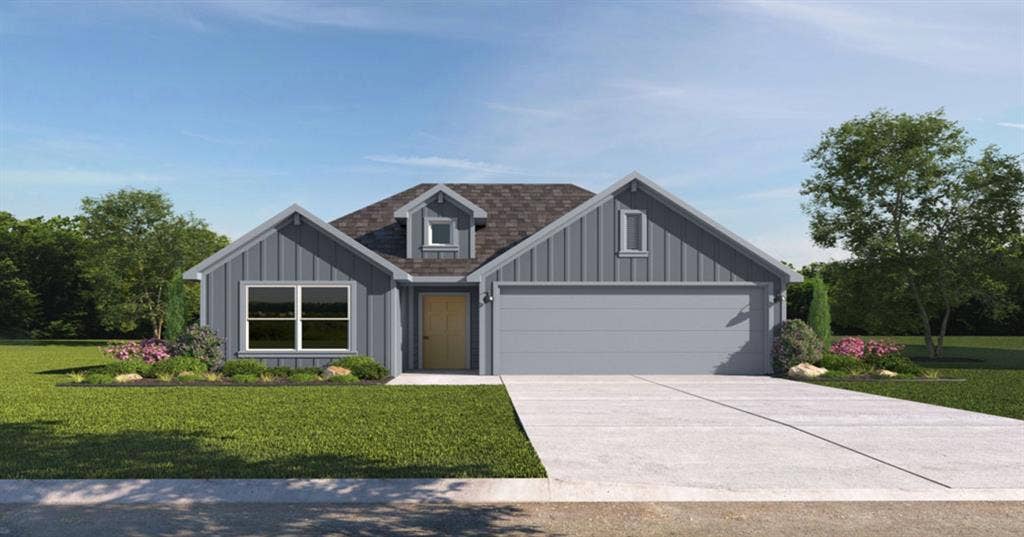 3213 Cyprian Road, Lorena, TX 76655 Single-story residence featuring vertical board-and-batten siding, a gable roofline, an attached two-car garage, and a concrete driveway