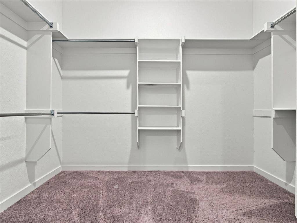1157 Butterfly Dale Drive, Lavon, TX 75166 Walk-in closet featuring white built-in shelving, adjustable storage racks, and wall-to-wall carpeting