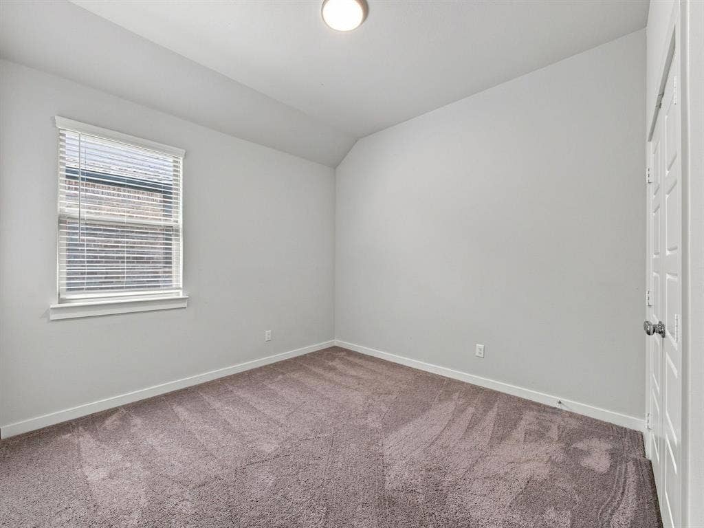 1157 Butterfly Dale Drive, Lavon, TX 75166 Neutral-toned room featuring plush wall-to-wall carpeting, a vaulted ceiling, a single-hung window with horizontal blinds, and a paneled closet door