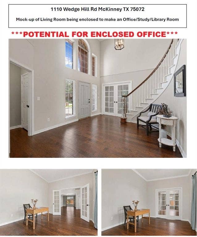 1110 Wedge Hill Road, McKinney, TX 75072 Property Modification Potential - Illustrating a potential spatial reconfiguration of the living room for an enclosed office.