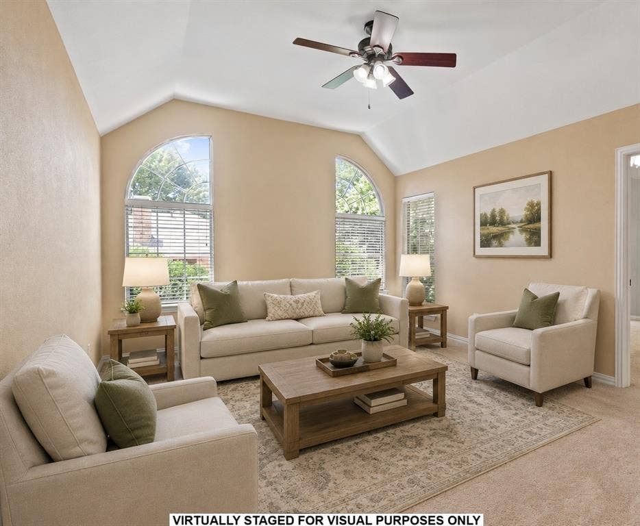 1110 Wedge Hill Road, McKinney, TX 75072 Vaulted ceilings, arched windows, and a multi-blade ceiling fan with integrated lighting
