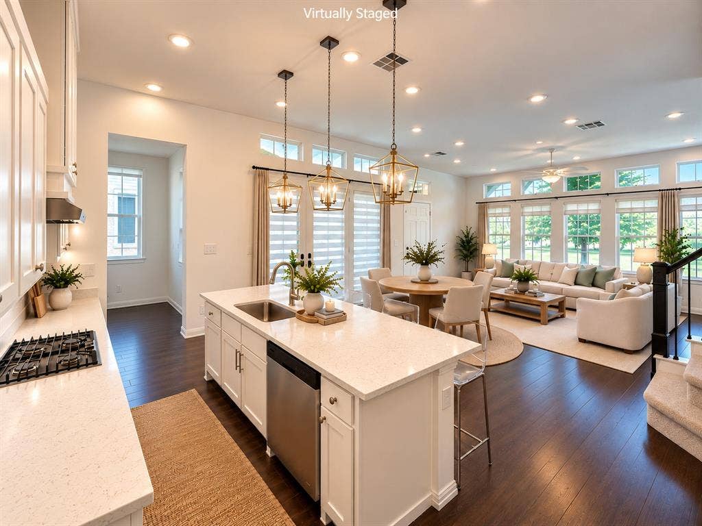 8705 Bethpage Drive, McKinney, TX 75070 White cabinetry, large center island, quartz-look countertops, gas cooktop, stainless steel appliances, and pendant lighting.