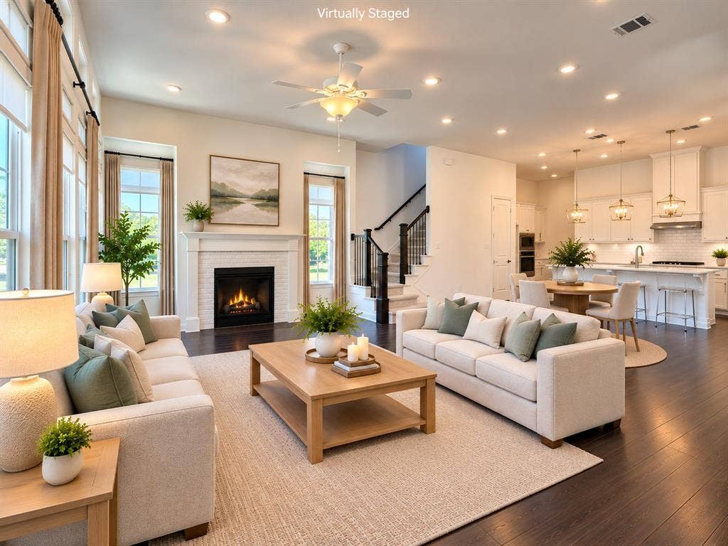 8705 Bethpage Drive, McKinney, TX 75070 Open-concept floor plan, high ceilings, large windows, dark grand flooring, and a fireplace.