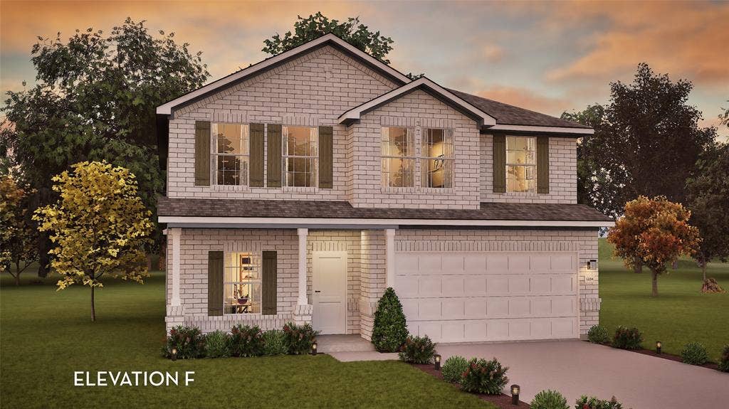 3009 Merrick Drive, Crandall, TX 75114 Two-story exterior featuring light-toned brick masonry, decorative shutters, a covered front porch with columns, and a two-car garage