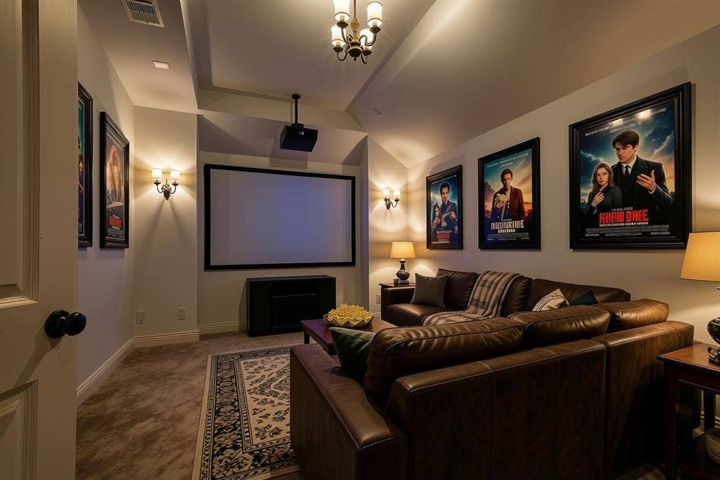 415 Rock Rose Lane, Wylie, TX 75098 Dedicated media room comcept space featuring a vaulted ceiling, recessed projector mounting, wall-mounted screen, and decorative sconce lighting