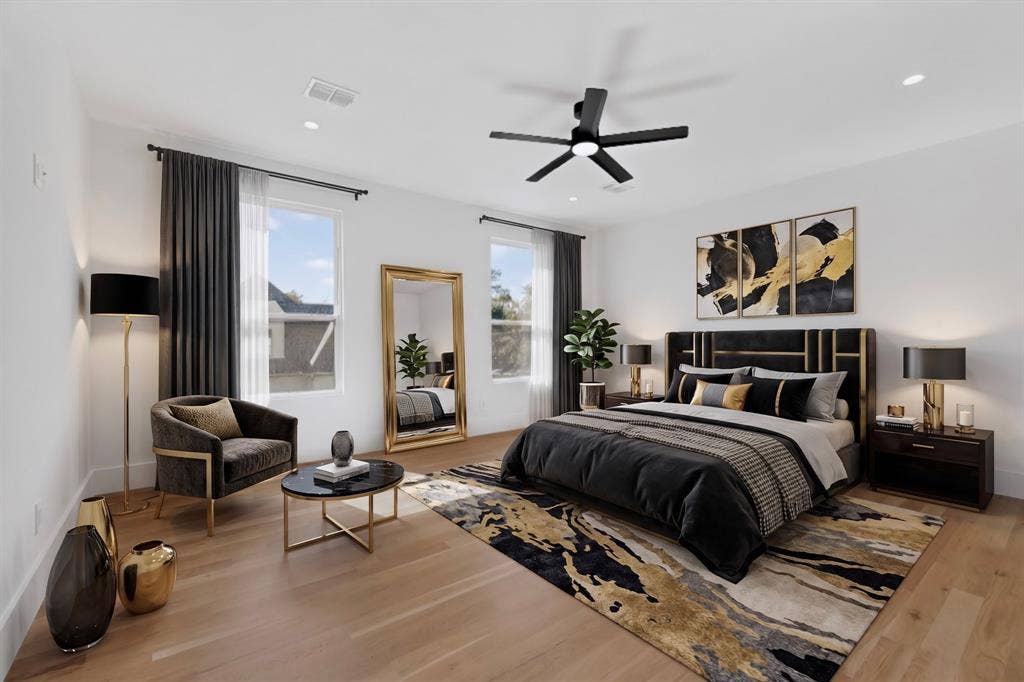 7503 Robin Road, Dallas, TX 75209 Light-filled room featuring wood-finish flooring, recessed lighting, and a modern matte black ceiling fan